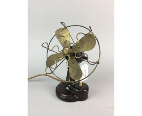 VINTAGE E.M.I. BAKELITE AND BRASS DESK FAN, 23cm high