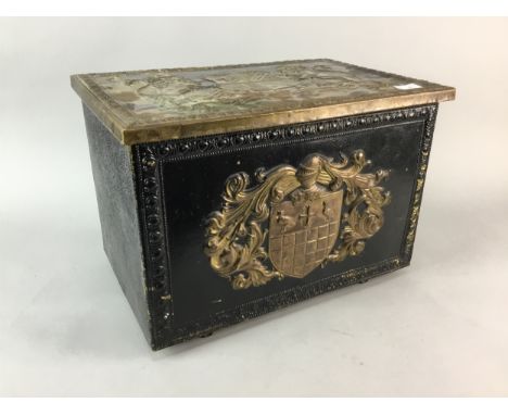 COAL BOX, with shield and lion motif decoration to the hinged lid, along with a gilt shelf and a glazed red vase, 42cm high