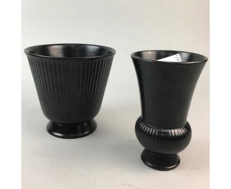 WEDGWOOD VASE, designed by Keith Murray, 16cm high, along with a similar planter, 15cm, each with marks to underside, along w