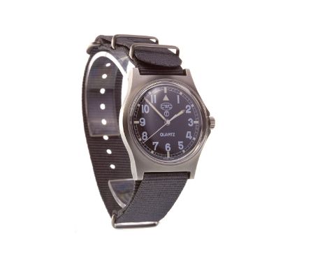 GENTLEMAN'S CWC MILITARY ISSUE STAINLESS STEEL QUARTZ WRIST WATCH, the round black dial with Arabic hour markers, railroad ou