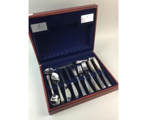 SET OF SIX RENNIE MACKINTOSH STYLE CRYSTAL GLASSES, from the Glencairn Crystal Studio, in box, along with a canteen of Viners