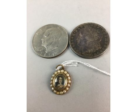 MORGAN DOLLAR 1886, along with an Eisenhower dollar and a small oval pendant, set with a portrait, also to include a lot of b