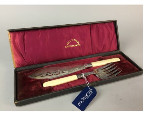 VICTORIAN PLATED FISH SLICE AND FORK, along with a set of six fish knives and six forks, in cases