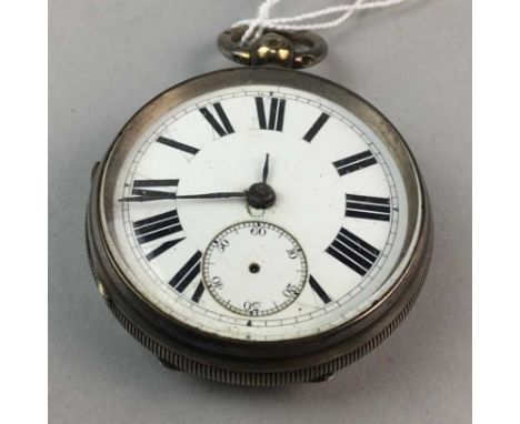 SILVER CASED KEYWIND POCKET WATCH, the white enamel dial with Roman numerals in black, subsidiary dial at 6, outer railroad s