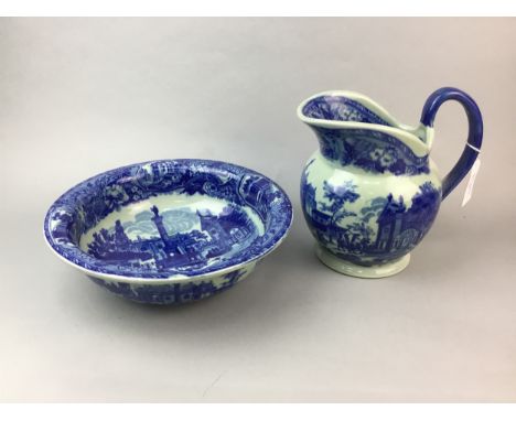 EARLY 20TH CENTURY BLUE AND WHITE WASH EWER, with printed decoration in blue of figures and animals in architectural settings