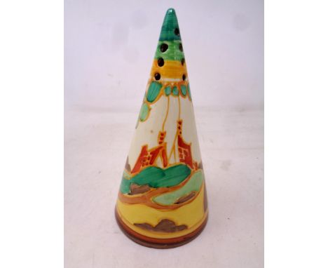 A Clarice Cliff Bizarre Fantasque 'Secret's pattern conical sugar sifter, hand-painted with a stylised cottage and tree lands