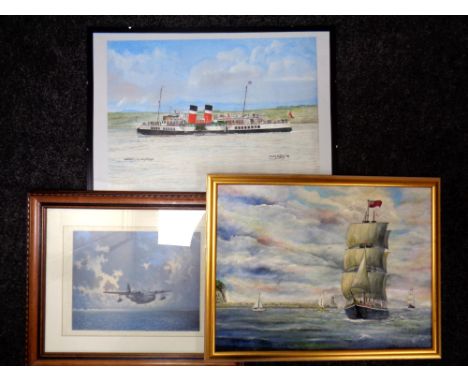 An R Bell watercolour depicting tall ships with pier beyond together with one further watercolour by Martin Conway and a fram