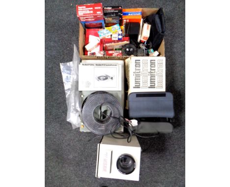 A quantity of photographic equipment to include Rollei auto focus projector with reels, JVC Video camera, Elite scope togethe