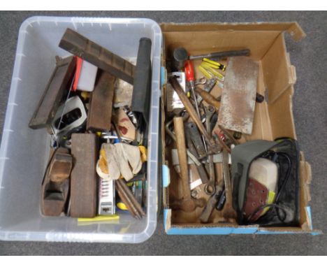 A plastic storage crate together with a cardboard box containing a large quantity of assorted hand tools, wood working plain,