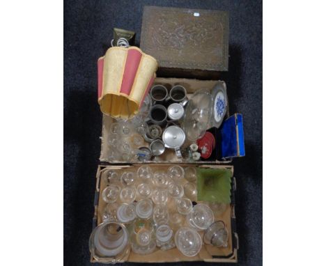 Two boxes containing a quantity of 20th century glassware, plated ware, cut glass, whiskey glasses, together with a glass emb