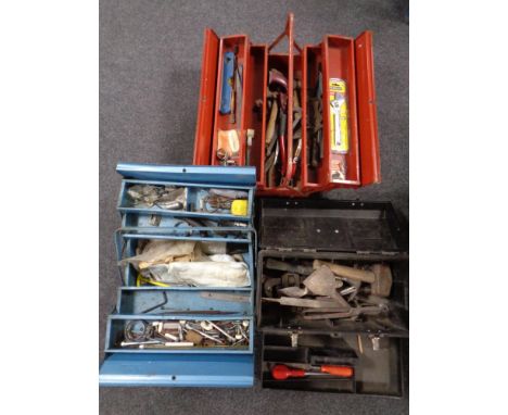 Two metal concertina tool boxes together with a further plastic tool box containing assorted hand tools 