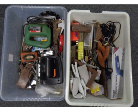 Two crates containing assorted power tools, hand tools, work gloves etc