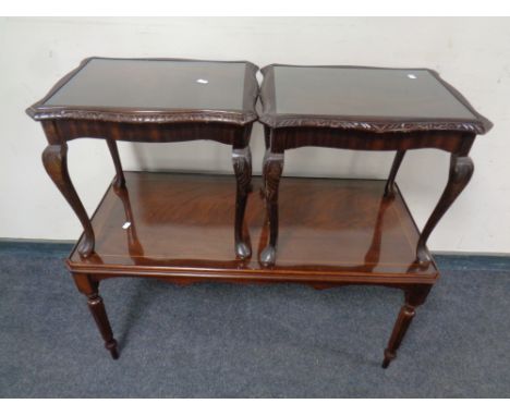A reproduction inlaid mahogany coffee table together with a pair of similar lamp tables 