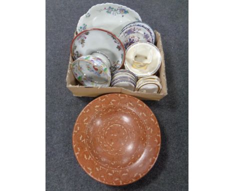 A box containing a large quantity of antique and later ceramic bowls, meat plates, dinner ware, desert sets, Royal Tuscan sau