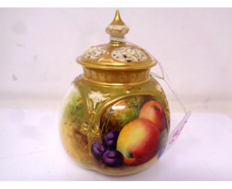 A Royal Worcester gilt-rimmed bulbous lidded pot, with hand painted Apple, Cherry and Blackberry decoration, signed by George