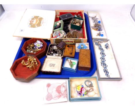 A tray of vintage and later costume jewellery, coin, 10 shilling banknotes etc