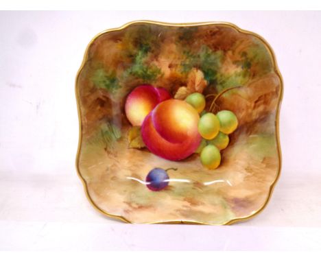 A Royal Worcester gilt-rimmed square dish, with hand painted Peach and Grape decoration, signed by George Mosely, dimensions 