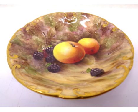 A Royal Worcester gilt-rimmed circular dish, with hand painted Apple and Blackberry decoration, signed by David Bowkett, diam