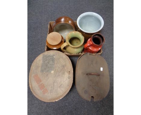 A box containing stone ware crock pot and bowl, Hornsey storage jar, West German vase, vintage hat box etc