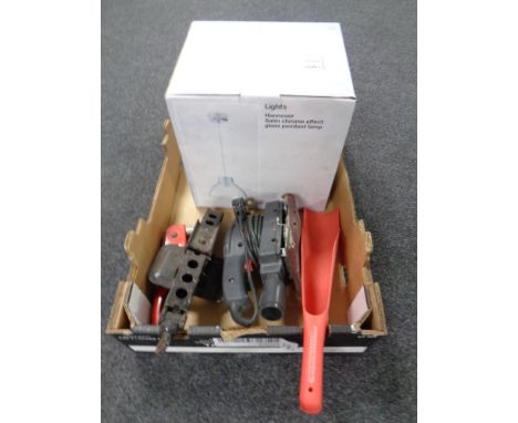 A box containing pendant light fitting, boxed trolley jack, sander.