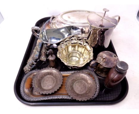 A tray containing antique and later plated wares to include lidded entree dish, commemorative tankard, Eastern white metal sh