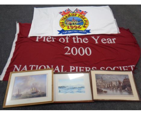 Two Pier of the Year flags together with three colour prints : Tyne Bridge, Seascape and Crossing the bar by J W Carmichael 