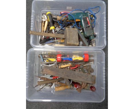 Two plastic storage crates with lids containing assorted hand tool, Ryobi hammer drill, wood working plane, mallet etc
