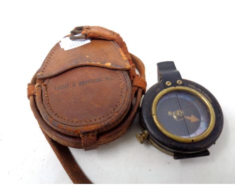 A WWI Verner's pattern military compass in leather pouch belonging to Lieutenant  Sydney Brinton