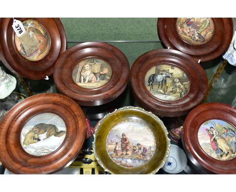 SEVEN FRAMED VICTORIAN PRATTWARE STAFFORDSHIRE POT LIDS, Country Quarters, The High Life, The Snow Drift, The Game Bag, Low L