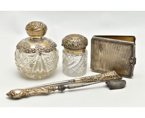 TWO SILVER AND GLASS VANITY BOTTLES, BUTTON HOOK AND STILTON SCOOP, the first a round glass scent bottle with a floral and bo