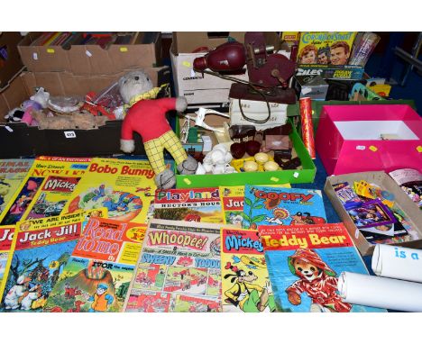 A QUANTITY OF ASSORTED TOYS AND GAMES ETC., to include boxed 1960's Coronation Street jigsaw, Waddington's Moon Probe jigsaw,