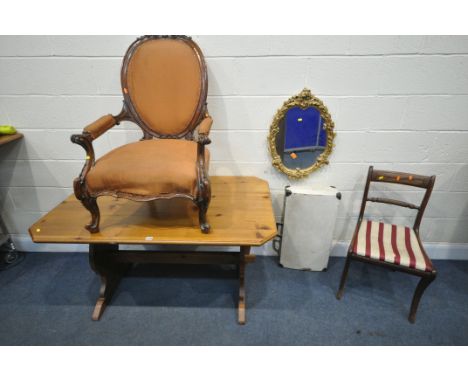 A PINE RECTANGULAR TABLE, with canted corners, length 130cm x depth 81cm x height 74cm, along with a giltwood foliate oval wa