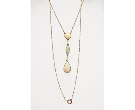 AN OPAL AND DIAMOND PENDANT NECKLACE, the drop pendant set with two oval opal cabochons and a pear cut opal cabochon, showing