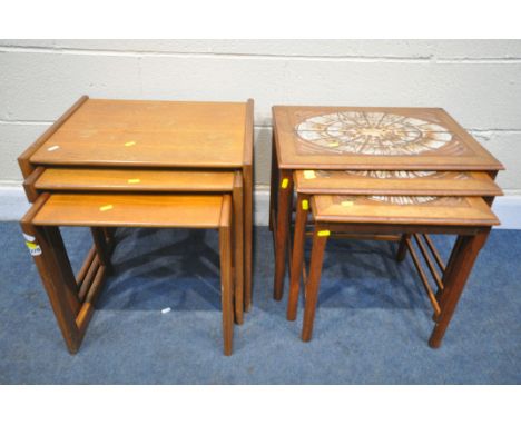 A MID-CENTURY DANISH MOBELFABRIKKEN TOFTEN TEAK NEST OF THREE TABLES, with a tile inserts, largest table width 55cm x depth 4