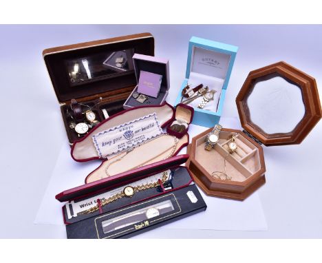 A PLASTIC BOX OF COSTUME JEWELLERY, WATCHES AND OTHER ITEMS, to include a silver 'Ola Gorie' bird brooch, hallmarked Edinburg