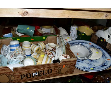 FOUR BOXES AND LOOSE CERAMICS AND SUNDRY KITCHEN WARES, to include a TG Green Cornish Ware flour shaker labelled 'FLOUR' (cra