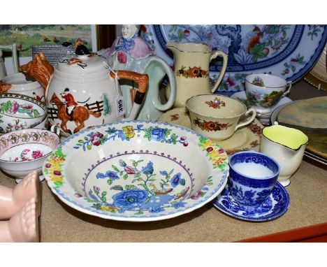 A GROUP OF CERAMICS, PORTABLE RECORD PLAYER AND A PEDIGREE DOLL, comprising a 1930's Crown Ducal charger , orange glazed 'Pat