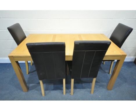 A MODERN LIGHT OAK DINING TABLE, length 161cm x depth 90cm x height 78cm, and four leatherette chairs (condition:-worn finish