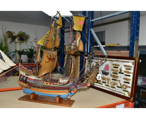 TWO MODEL SAILING SHIPS AND THREE NAUTICAL THEMED DIORAMA, comprising a hand painted galleon with waxed sails painted with th