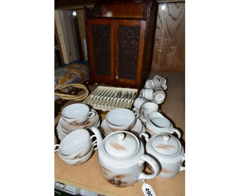 A VICTORIAN SMOKER'S CABINET, BRASS HOOKA PIPE AND TEAWARES, comprising a Victorian oak smoker's cabinet with two internal dr