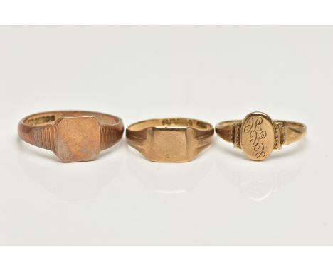 THREE SIGNET RINGS, to include an oval engraved signet ring, hallmarked 9ct Birmingham, ring size L 1/2, a polished square si