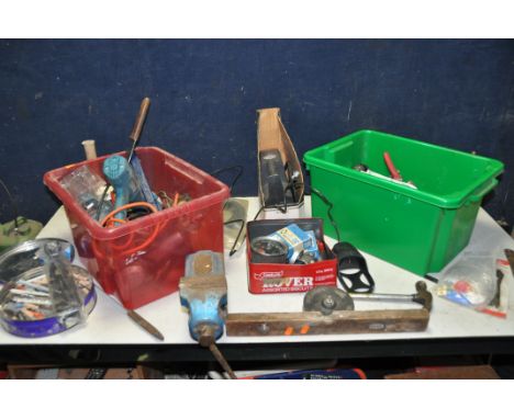 TWO TUBS OF TOOLS to include a tub of handtools, spanners, sockets, ratchets, snips etc and a tub containing powertools such 