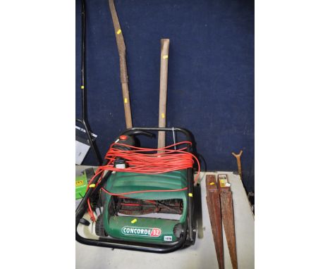 A QUALCAST CONCORDE32 LAWNMOWER (PAT pass and working) along with a The Handy push along mower, pick axe, sythe and two steel