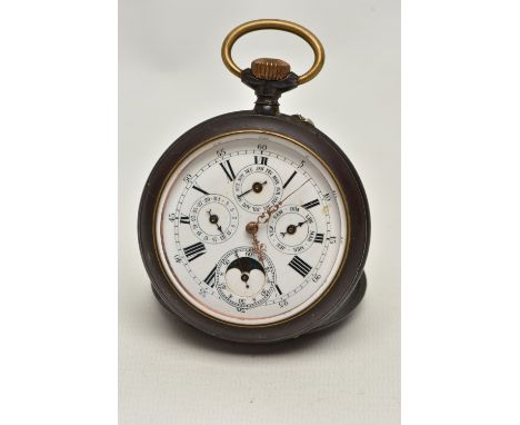 AN 'ACIER GARANTI' CALANDER POCKET WATCH, manual wind, white dial, with four subsidiary dials, openwork gold tone hands, gun 