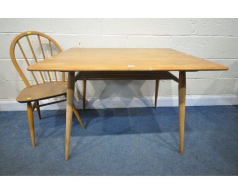 AN ERCOL BLONDE ELM MODEL 393 RECTANGULAR DINING TABLE, with a spindled undershelf, on cylindrical legs, length 100cm x 69cm 