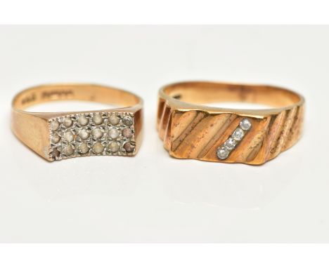 TWO 9CT GOLD SIGNET RINGS, the first of a textured design set with an asymmetrical row of four round brilliant cut diamonds, 