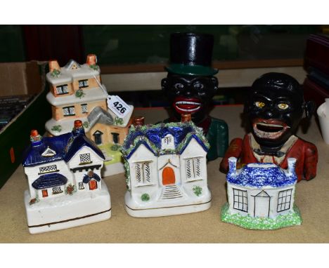 A COLLECTION OF MONEY BOXES, comprising four ceramic Staffordshire/Staffordshire-style money boxes of architectural form, tal