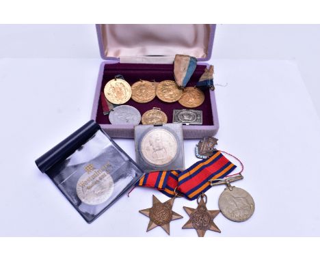 A SMALL BOX OF ASSORTED MEDALS, to include 'The Italy Star' missing ribbon, 'The Burma Star' fitted with a red, blue and oran