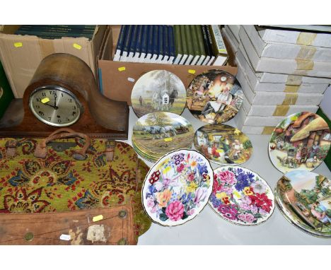 TWO BOXES AND LOOSE SUNDRY ITEMS ETC, comprising a vintage carpet bag, chiming mantle clock in need of some attention, boxed 