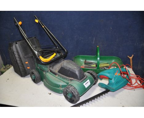 A BOSCH AHS45-16 hedge trimmer along with a unbranded lawn mower (PAT pass and working) and a plastic garden basket containin
